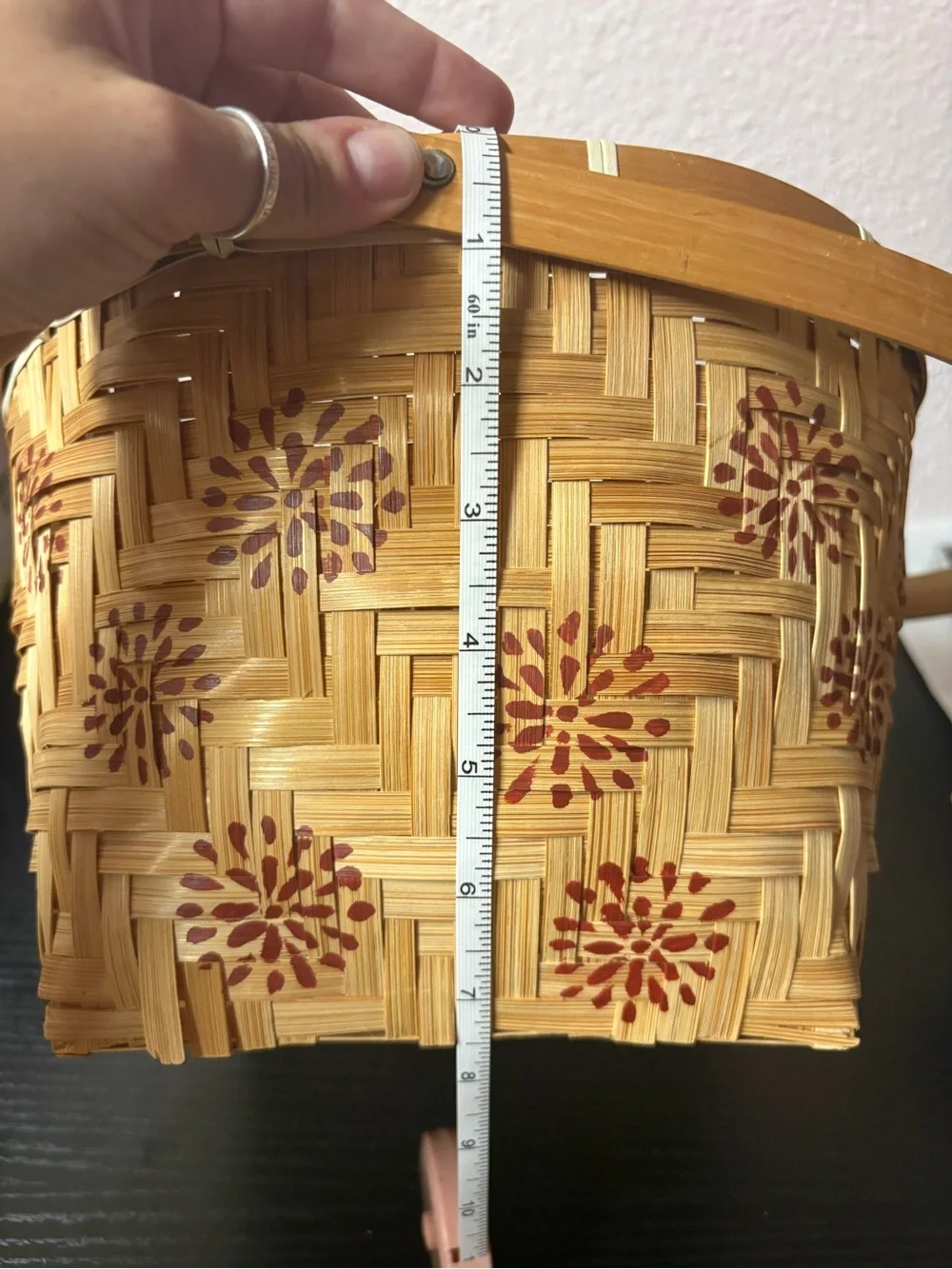 Woven Bamboo Basket Red Floral Handle Cottagecore Farmhouse Decor